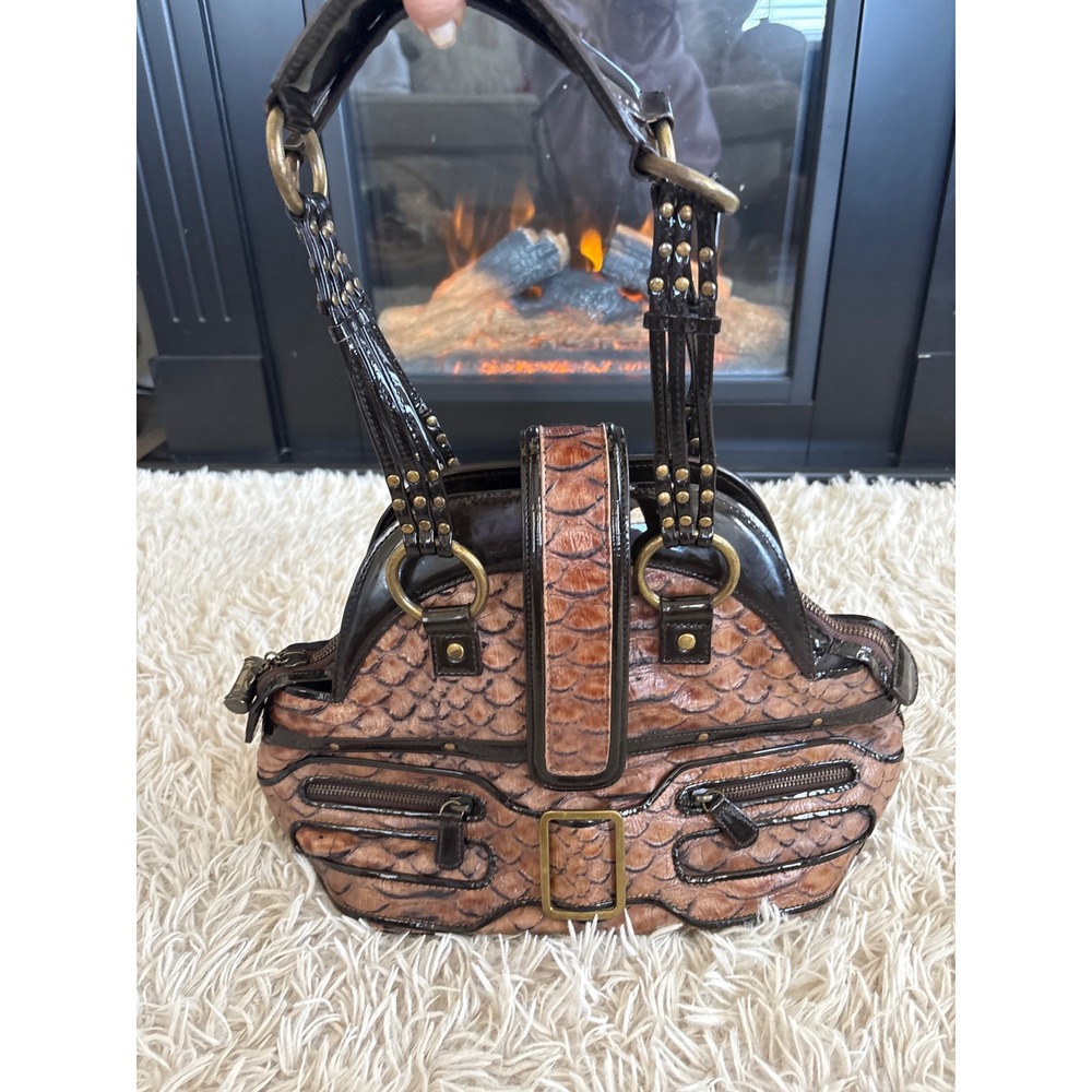 Vintage BABEE D Womens Brown Croc Look Leather Handbag Purse Top Handle